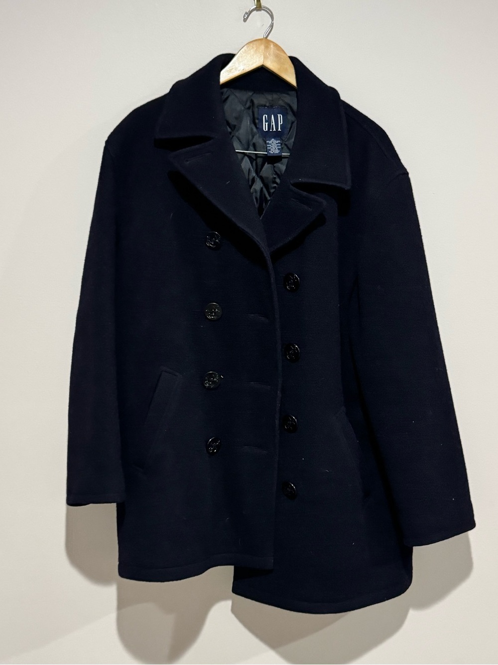 vtg GAP Double-Breasted Pea Coat Mens Med Wool Blend Quilt Lined Overcoat Navy